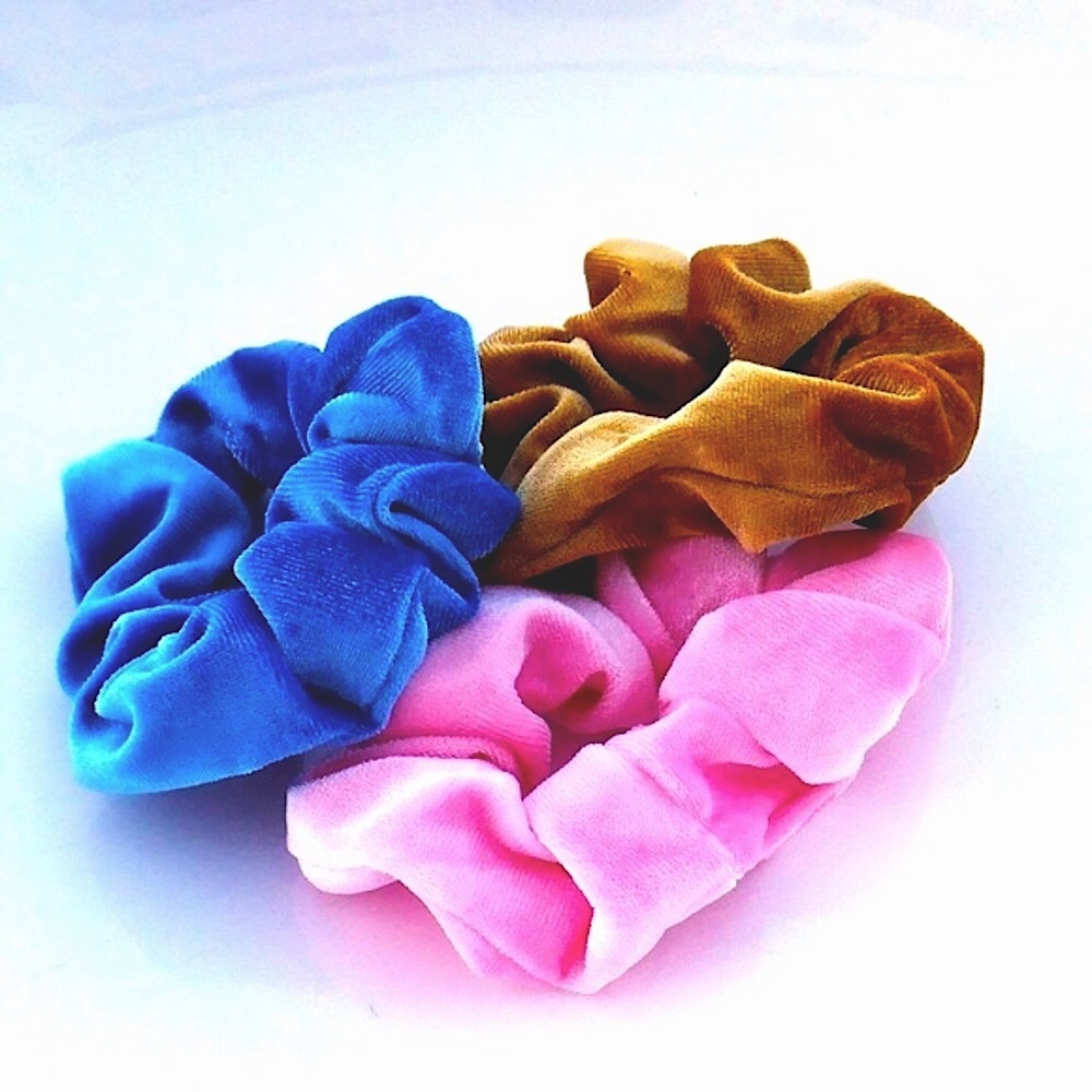 Velvet Scrunchies in Pink, Blue, & Tan